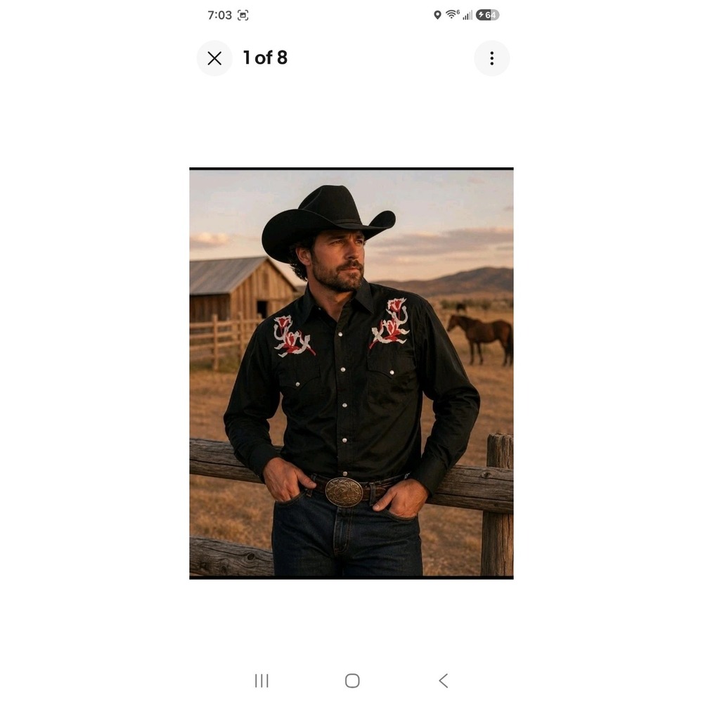 Karman Mens Size M Black Western Shirt Floral Embroidered Pearl Snap Ranch Rodeo